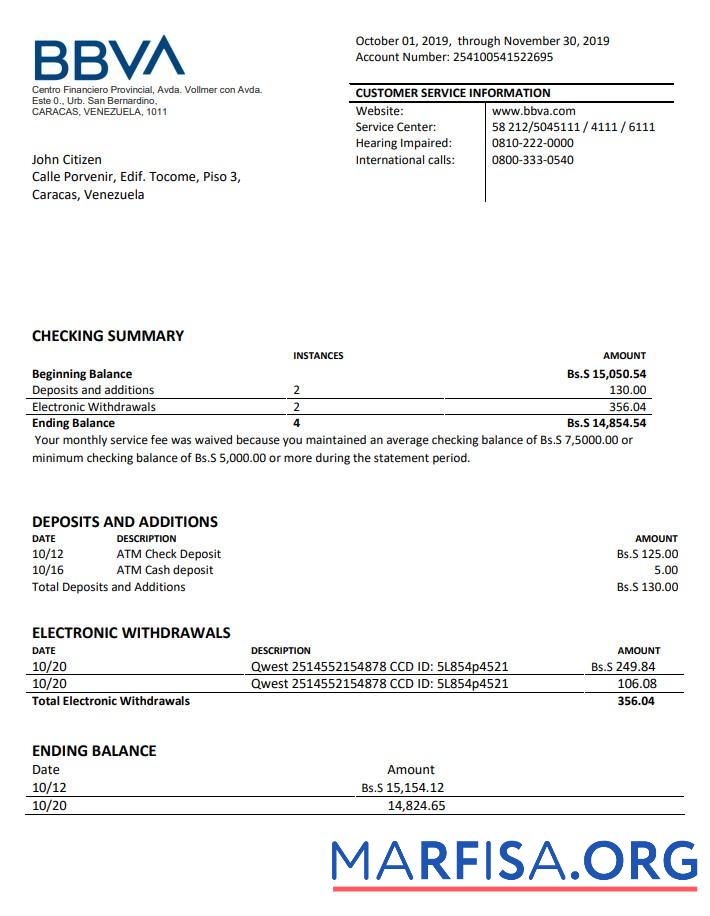 Realistic Venezuela BBVA bank statement word sample